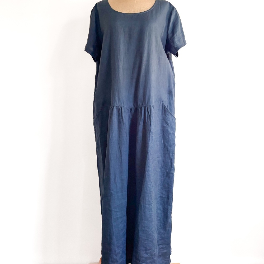 VIVID 100% Linen Blue Short Sleeve Dress w/ Pockets Size XL Lagenlook Minimalist
